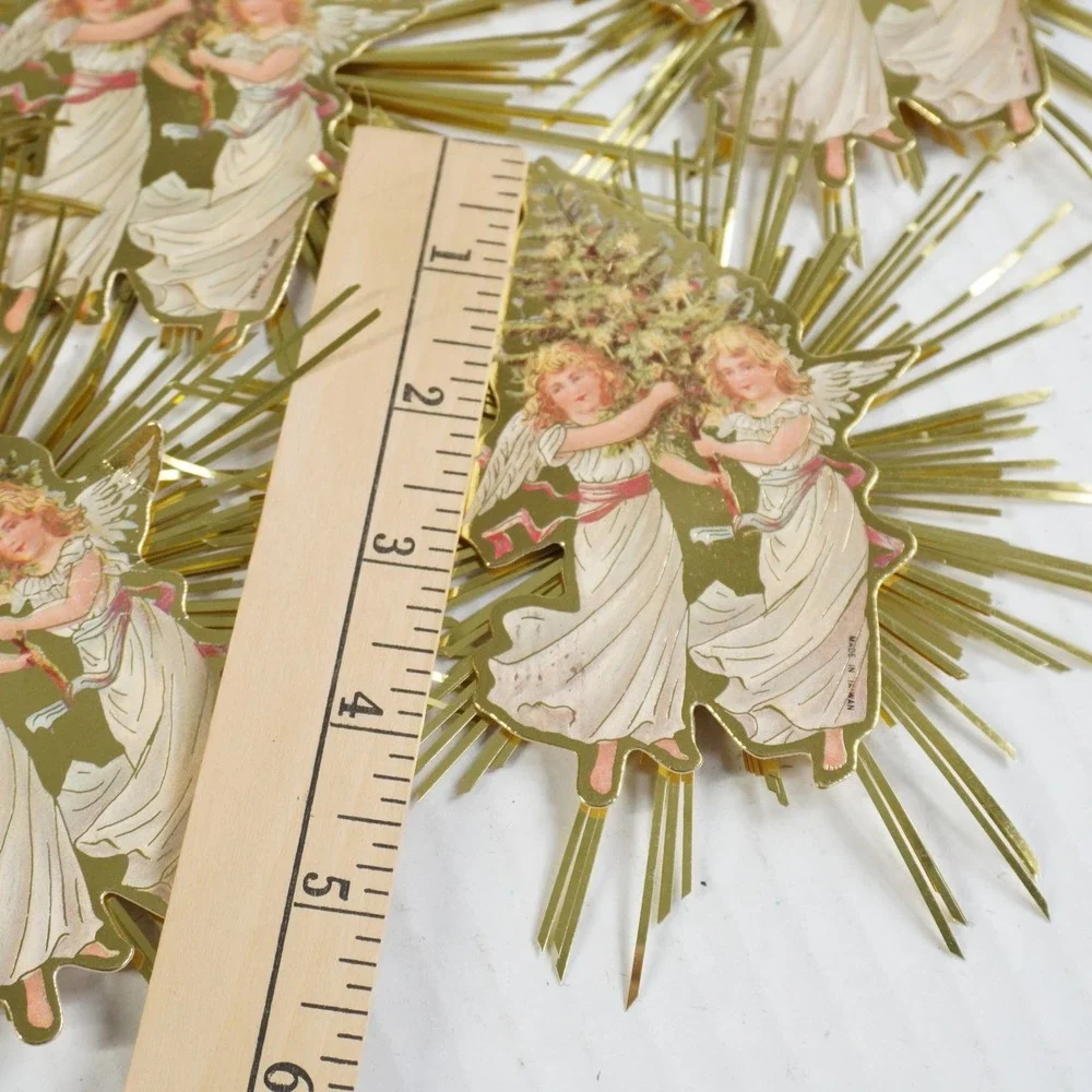 8 Vintage Victorian‎ Style Gold Foil Starburst Angel Paper Christmas Ornaments